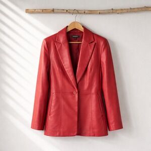 Siena Studio Red Genuine Leather Blazer Jacket Womens Size 8 Tailored Longline